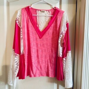 POL Vibrant Pink Blouse with White Lace Sleeves